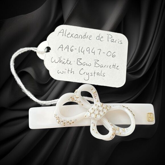 Alexandre de Paris Crystal Bow Barrette 3” White Made in France Luxury Hair Clip